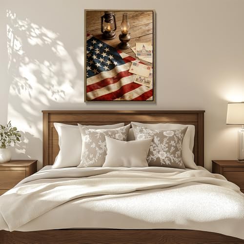 American Flag Framed Canvas Wall Art, 4th of July Patriotic Canvas Prints | USA Flag with Picture Poster Print, Modern Independence Day Wall Decor for Bedroom Living Room Office 24×36in