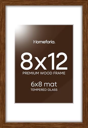 Homeforia 8x12 Brown Oak Picture Frame, High-End Wood, 6x8 Mat, Glass