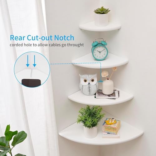 Corner Shelf, Solid Oak Wood Floating Corner Shelf Wall Mount Round End Floating Speaker with Wire Hole for Small Plant Photo for Bedroom Kitchen, Living Room White