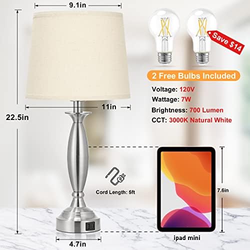 Bedroom Lamps for Nightstand, 3 Way Dimmable Silver Bedside Lamps with USB