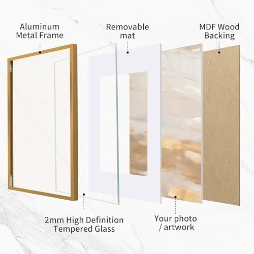 12x12 Metal Picture Frame with 8x8 Mat, Brushed Aluminum Finish, Attached Hanging Hardware, and Tempered Glass Front - Versatile Vertical or Horizontal Wall Display Frames Set of 1 - Bronze