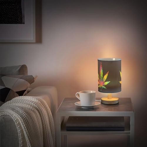Rainbow Marijuana Leaf Cannabis Hemp on Black Table Lamp with Wood Base Fabric Lamp Shade Bedside Nightstand Desk Lamp for Living Room Bedroom Kids Room Office