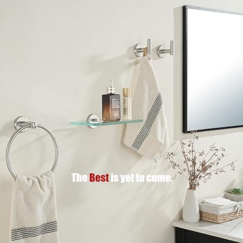 JQK Bathroom Glass Shelf, Tempered Glass Shower Storage 8 by 5 inches, 304 Stainless Steel Brushed Finish Wall Mount, TGS101L8-BN