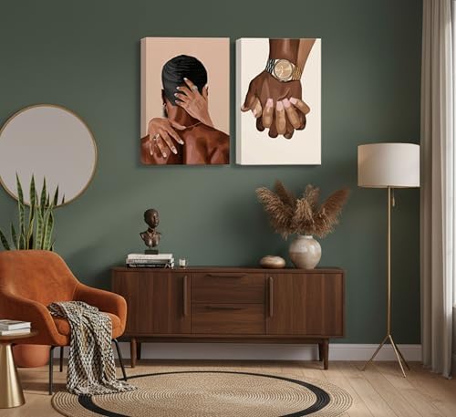 UHVBBCO 2 Pcs Afro Black Couple Canvas Wall Art | African American Women Men Black Love Pictures Wall Decor Black Girl Poster Print Artwork for Bedroom Living Room Bathroom