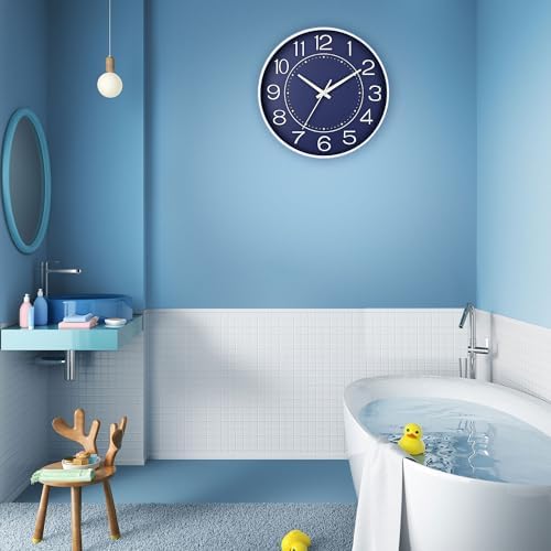 HZDHCLH Modern Wall Clocks Battery Operated,10 inch Navy Blue Clock for Wall,Silent Small Wall Clock for Living Room Bedroom Kitchen Office Nursery Decor
