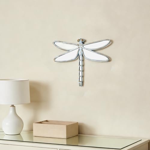 Decorative Dragonfly Wall Mirror, Plastic Frame with Mirrored Wings (12.4 x 9.3 inches) (White)