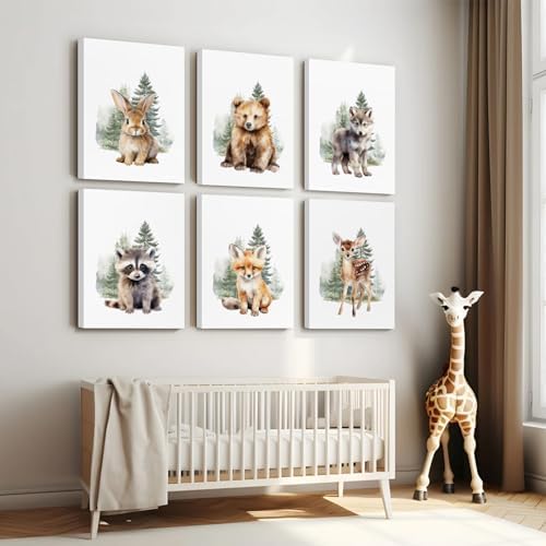 Woodland Animal Nursery Wall Art Decor Set of 6 Baby Boys Room Wall Art Forest Animal Canvas Wall Decor Kids Art Prints Watercolor Bear Deer Fox Pictures Artwork for Bedroom 8x10 Inch Framed