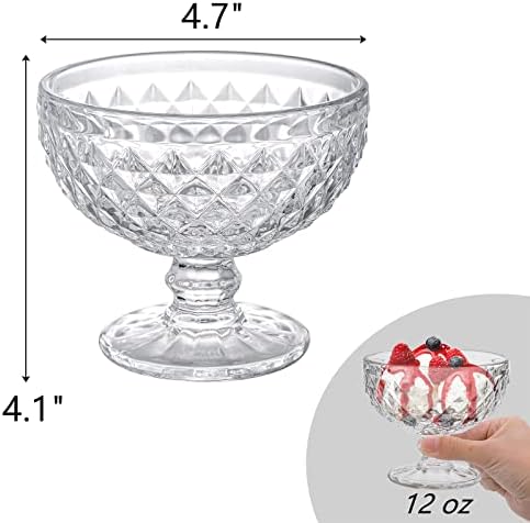 ZOOFOX Set of 6 Glass Dessert Bowls, 12 Oz Glass Ice Cream Sundae Cups with Vintage Diamond Pattern, Footed Dessert Bowl Set for Sundae, Ice Cream, Smoothie, Fruit, Salad, Yogurt, Trifle