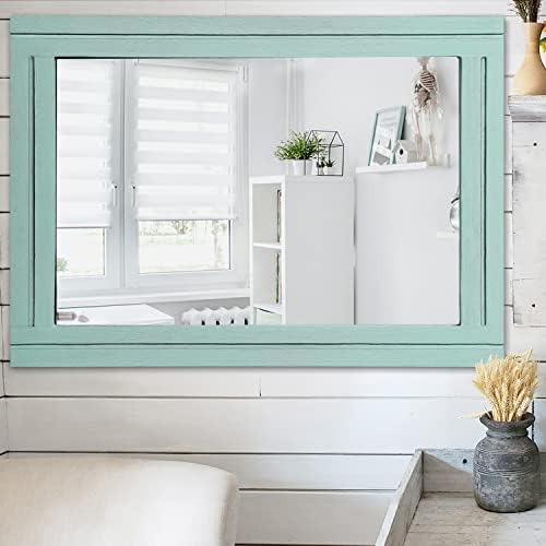 AAZZKANG Rectangle Wall Mirror with Wood Framed Modern Hanging Mirrors Decor for Bedroom Bathroom Living Room Entrance Green Large 28"x20"