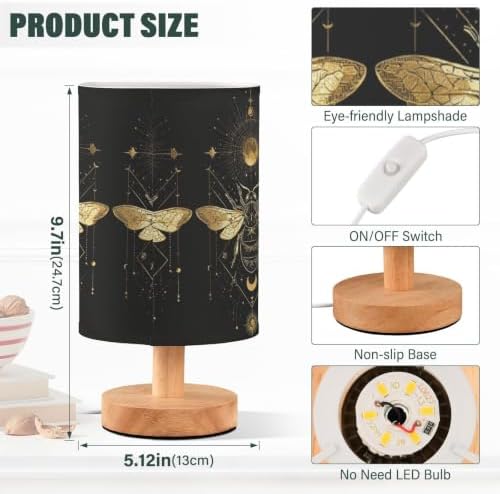 Table Lamp Gold Geometric Bee Moon Sun Stars Vintage Mystical Print Nightstand Lamp with Wood Base Fabric Lamp Shade Bedside Desk Lamp for Living Room Bedroom Kids Room Office