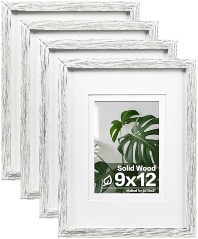 Egofine 9x12 Picture Frames Set of 4, Made of Solid Wood Covered by Plexiglass 5x7 and 6x8 with Mat or 9x12 without Mat, for Table Top Display and Wall Mounting Photo Frame Driftwood White