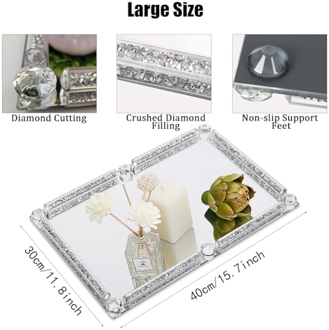 Large Mirror Perfume Tray for Dresser,Silver Crushed Diamond Filled