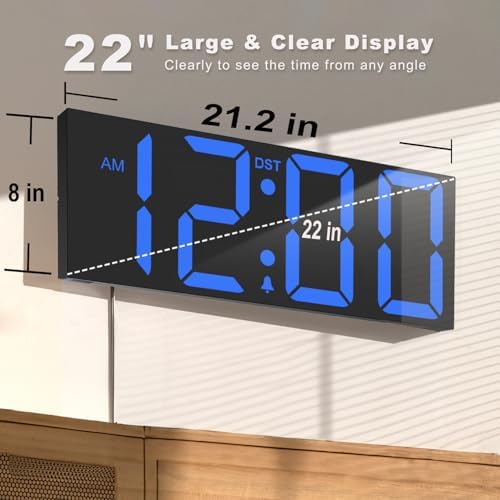 JALL 22" Large Digital Wall Clock, Big LED Number Dispaly, DST, Night Light for Classroom, Living Room, Bedroom, Mounted, Birthday Xmas Gift for Senior, Mem Womem Mom Dad, Blue