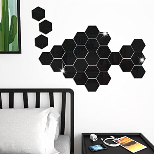 RW-103 36 PCS Acrylic Mirror Wall Stickers Hexagon Mirror Wall Decals DIY Removable 3D Geometric Hexagon Mirror Art Setting Wall Decor for Bedroom Living Room Office Kitchen Home Decoration (Black)