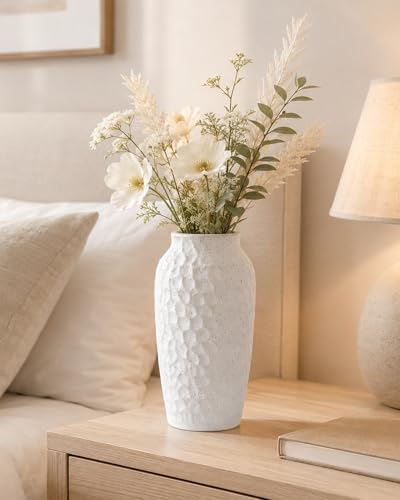 12.4 Inch Large White Textured Ceramic Tall Vase for Rustic Home Decor | For dried flowers and pampas grass on tables, shelves and living room displays