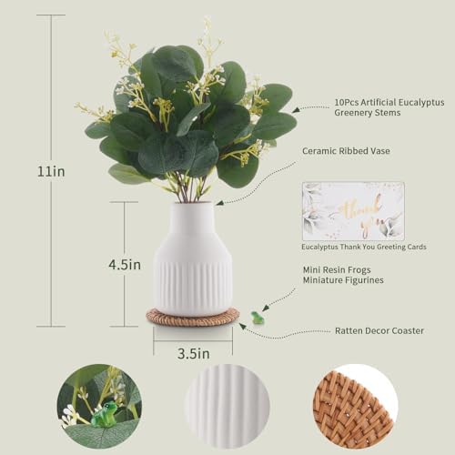 Artificial Eucalyptus Greenery Stems in Ceramic Vase,10Pcs Fake Plants Eucalyptus Leaves faux Plants for Centerpiece Table Decorations Home Room Decor office desk decor Greenery Decor indoor (White)