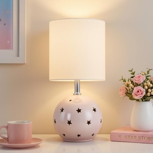 Small Table Lamp, 14" Pink Ceramic Bedside Lamp for Girls Kids Bedroom,Dorm