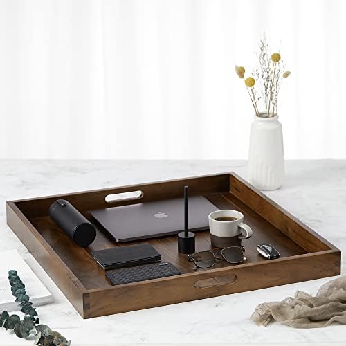 24" Square Handmade XL Black Walnut Wood Ottoman Tray with Handle