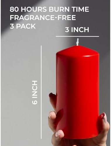 CANDWAX 3x6 Inch Red Pillar Candles Set of 3 - Unscented Christmas Pillars - 80-Hour Burn Time Self-Extinguishing Long Lasting Cone-Top Red Candles for Home Decor