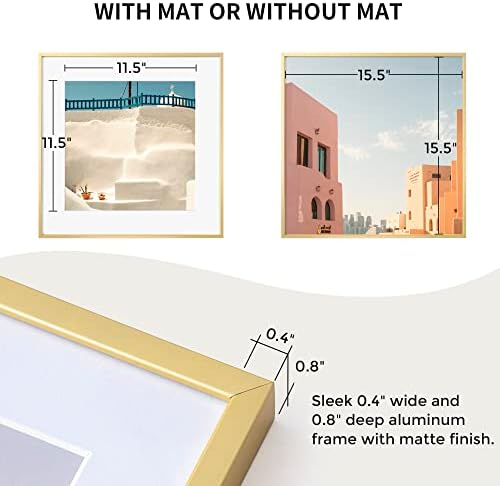 Fun Memories 16x16 Metal Picture Frame with 12x12 Mat, Brushed Aluminum Finish, Tempered Glass Front, and Attached Hanging Hardware - Wall Display Frames for Vertical or Horizontal Set of 3 - Gold