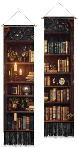 PLIGREAT 2 Pack Vintage Bookshelf Tapestry with Tassel Classic Library Wall Tapestry Vertical Wall Hanging for College Dorm Bedroom Living Room Long Narrow Home Hanging Decor, 46" x 13"