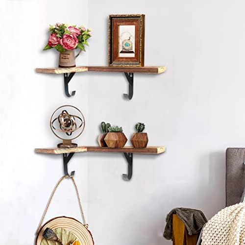 HAO Floating Corner Wall Shelves Rustic Wood Mounted Shelving L Shape Shelf with Cable Wire Hole Pattern for Bedroom Living Room Bathroom Carbonized Black 16 Inch Set of 2