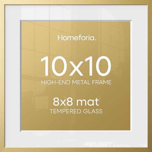 Homeforia 10x10 Gold Picture Frame, High-End Metal, 8x8 Mat, Glass