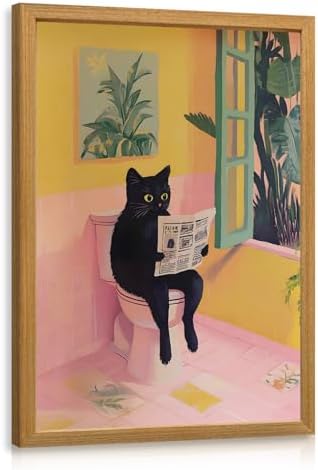 Cyebmo Funny Bathroom Wall Art, Cute Black Cat Sitting on Toilet Reading Newspaper Wall Decor, Whimsical Pink Abstract Animal Canvas Artwork for Bathroom Kid's Restroom Bedroom Wood Framed 16x24 Inch