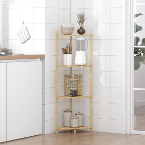 Wisuce Natural Small Corner Shelf Stand, 4-Tier Bamboo Corner Bookshelf