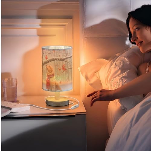 Winter Golden Retriever and Cardinal Bird Bedside Table Lamps with USB Port for Bedroom Lamp Accent Table Lamp Small Nightstand Lamp Sturdy Linen Shade Wooden Decorative Lamps for Home|Kids|Holiday