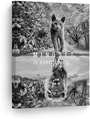 Smile Art Design Mindset is EverytingBlack and White Cat and Lion Reflection Motivational Wall Art Canvas Print Inspirational Entrepreneur Quote Office Living Room Decor Gift Ready to Hang 36x24
