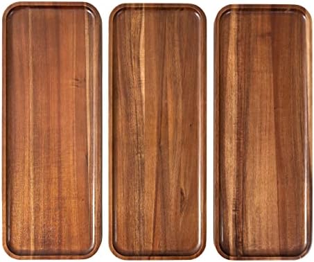 Large Solid Acacia Wood Serving Trays (17 x 6.5 inches) Rectangular Wooden Serving Platters for Home Decor, Food, Vegetables, Fruit, Charcuterie, Appetizer Serving Tray, Cheese Board (Set of 3 Plates)
