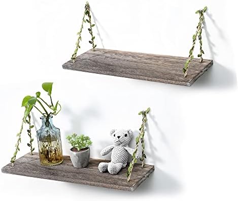 Leaf Rope Hanging Wall Floating Shelves, 2-Pack (Retro Color)