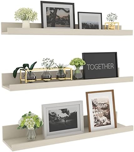 Giftgarden 24 Inch Floating Shelves for Wall, Creamy White Beige Wood-Grain Wooden Shelf Ledge for Bathroom Kitchen Living Room Nursery Bedroom Picture, Set of 3 Different Sizes