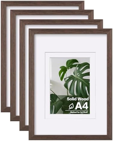 Egofine A4 Picture Frames Set of 4, Made of Solid Wood Covered by Plexiglass 5x7 and 6x8 with Mat or A4 without Mat, for Table Top Display and Wall Mounting Photo Frame Brown