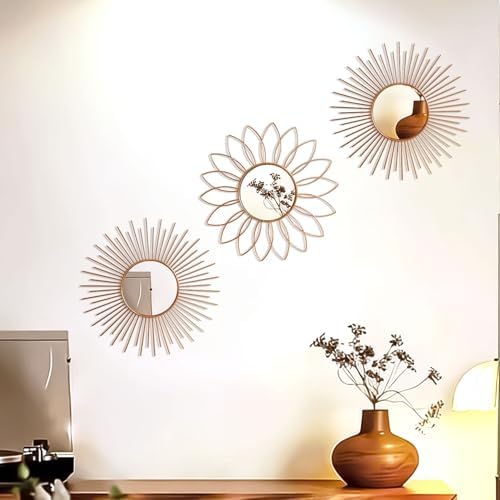3 Pack Metal Mirrors for Wall Sunburst Wall Mirrors Home Décor Decorative Hanging Wall Art for Living Room Bedroom Entryway (Rose Gold2, Flower+Sunburst)