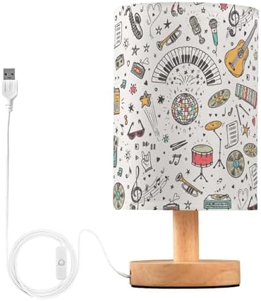 Table Lamp Music Pattern Musical Instrument Musical Notes Nightstand Lamp with Wood Base Fabric Lamp Shade Bedside Desk Lamp for Living Room Bedroom Kids Room Office