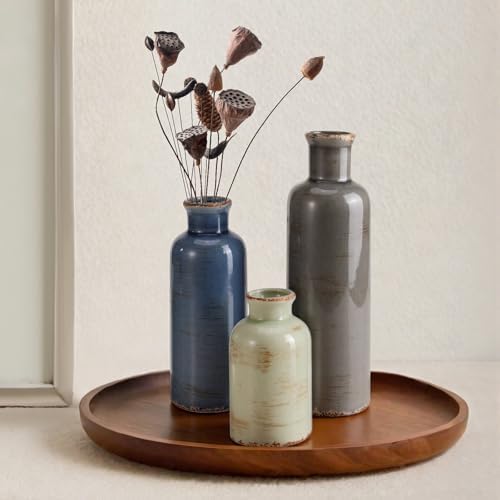 Small Ceramic Vase Set of 3, Boho Modern Flower Vase Room Decor, Farmhouse Decor, Vases for Your Kitchen, Bathroom, Bedroom, Living Room, Office&Shelf Centerpiece Table Decorations