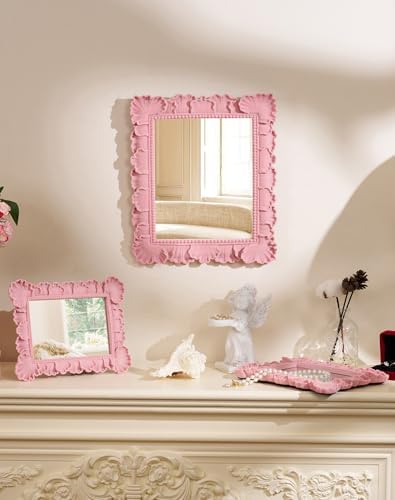 Cute Makeup Mirror Decor for Girl Bedroom Nursery Dorm,Soft Pink | 9.8x7.7",Soft Velvet-like Touch,Durable Resin Frame,Funky Mirror for Hallway Living Room,Gift for Mother's Day Wedding