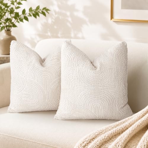 AELS Boho Decorative Textured Throw Pillow Covers 20x20, Organic Modern Mid Century Rainbow Tufted Pillow Case, Farmhouse Rustic Geometric Woven Cushion Case for Bed Couch Sofa, Creamy White