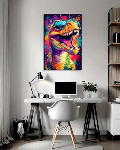 Dinosaur Canvas Wall Art Graffiti Wall Decor Framed Funny Dinosaur with Glasses Picture Modern Pop Painting Prints for Living Room Bedroom Home Office Ready to Hang - 16.00"x24.00"