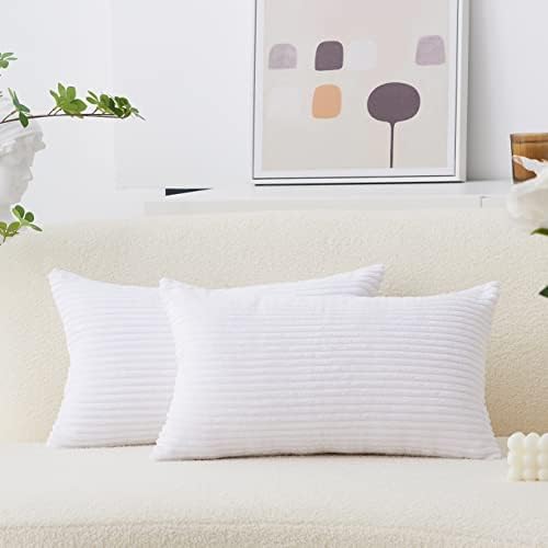 Home Brilliant Oblong Throw Pillow Covers 12x20 Striped Corduroy Rectangle Pillow Covers for Summer Decor Couch Lumbar Cushion Covers, 12 x 20 inch, Pure White