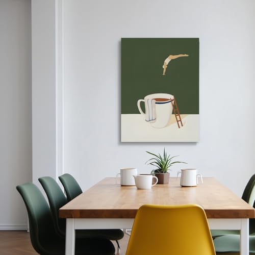 Cyebmo Modern Coffee Wall Art, Funny Diver Wall Decor, Vintage Kitchen Wall Decor, Minimalist Cafe Wrapped Canvas Painting, Green Abstract Espresso Artwork for Kitchen Cafe Coffee Bar 12x16 Inch