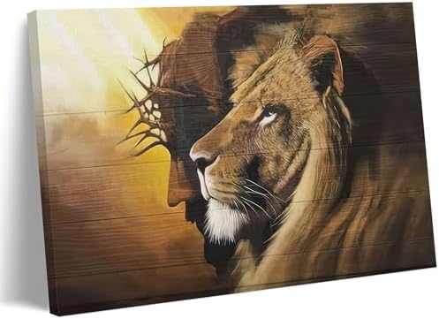 Fantasy Artists Framed Jesus Christ Canvas Wall Art The Lion of Judah Christian Painting Prints Biblical Wall Decor Religious Room Decor for Church Prayer Room Christian Schools Hospitals 24'' x 36''
