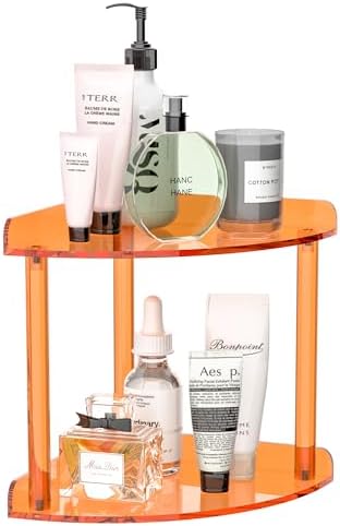 Sezanrpt 2 Tier Countertop Corner Organizer Shelf 7x7x8 Inch, Orange Acrylic Bathroom Corner Shelf for Countertop, Vanity Storage for Skincare, Cosmetics, Perfume