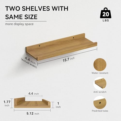 Boswillon Floating Shelves Set of 2, Small Wall Shelf with Lip, 16in, Oak