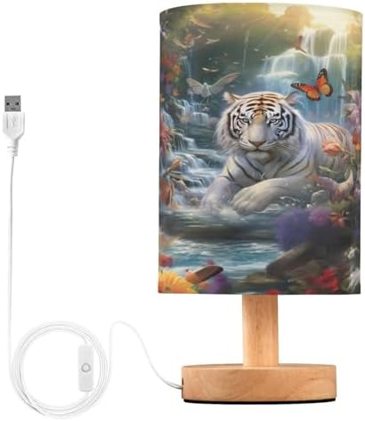 ALAZA Waterfall Tiger Butterfly Decor Bedside Table Lamp with USB Port for Bedroom Nightstand Office Desk LED Bulb Included