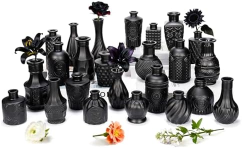 Black Glass Bud Vase Set of 24 Pcs,Small Bud Vases in Bulk,Glass Crystal Flower Vases Table Centerpieces for Party Event Wedding Decor Baby Shower Decorations (Classic Black, 24 Pcs)
