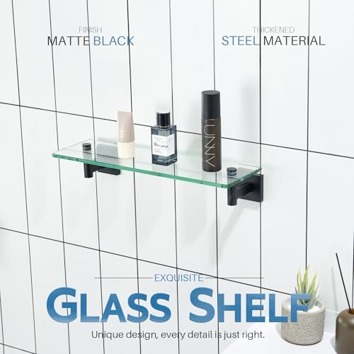 KOKOSIRI Bathroom Shelves Glass Floating Shelf 16-Inch for Bedroom Living Room Kitchen Hanging Rack Rustproof Wall Mounted Black 2 Pack B1105BK-L16-P2