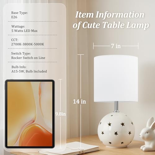 Small Table Lamp,14" White Ceramic Bedside Lamp for Girls Kids Bedroom,Dorm